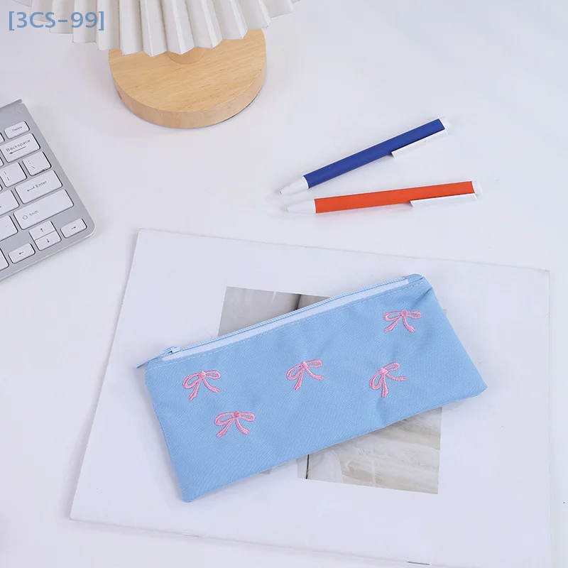 البوليستر المطرزة حقيبة Bowknot مستطيلة الشكل حقيبة مستحضرات التجميل مقلمة الفتيات اللوازم المدرسية العودة إلى المدرسة قلم رصاص الحقيبة