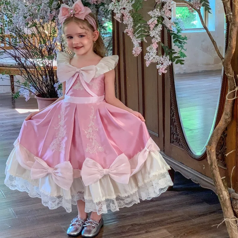 Ins Handmade Boutique Flower Girls Pink Embroidered Quality Princess Dress Cinderella Birthday Party Wedding Dress Couture Dress