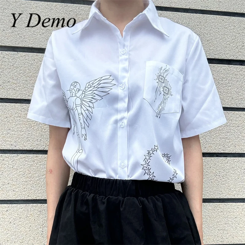 Y 데모 Techwear 날개 인쇄 여성 반팔 티셔츠 로봇 하트 화이트 싱글 브레스트 셔츠