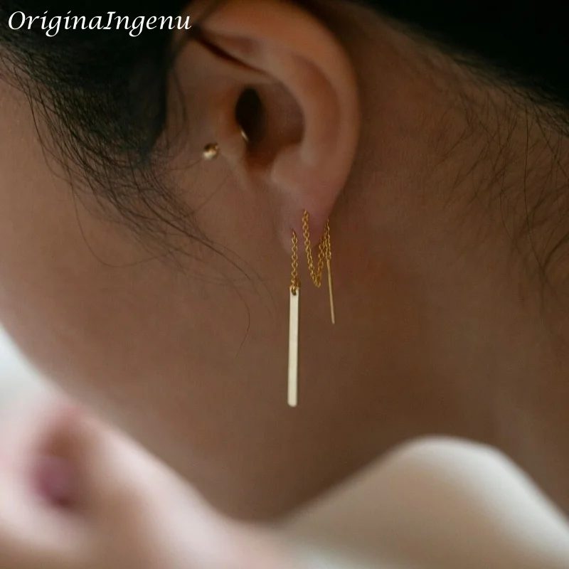 14K Gold Filled Bar Ear Thread Earrings Dangling Bar Hoop Ear Thread Original Gifts for Women Handmade Luxury Jewelry