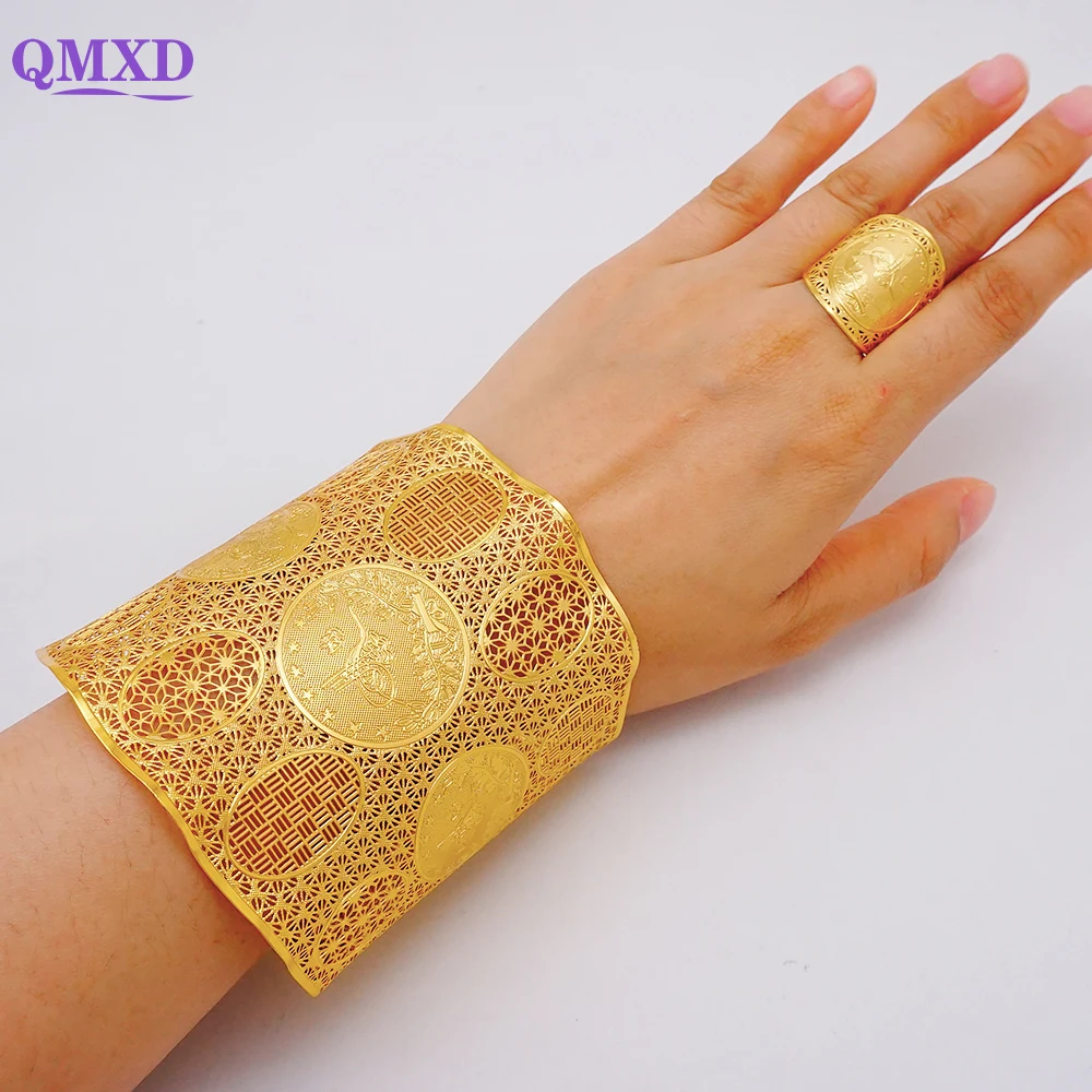 

Luxury Ethiopian Bracelets Cuff Bangle & Ring For Women Dubai Gold Color Chain Bracelet Middle Eastern Bangles Jewelry Gifts