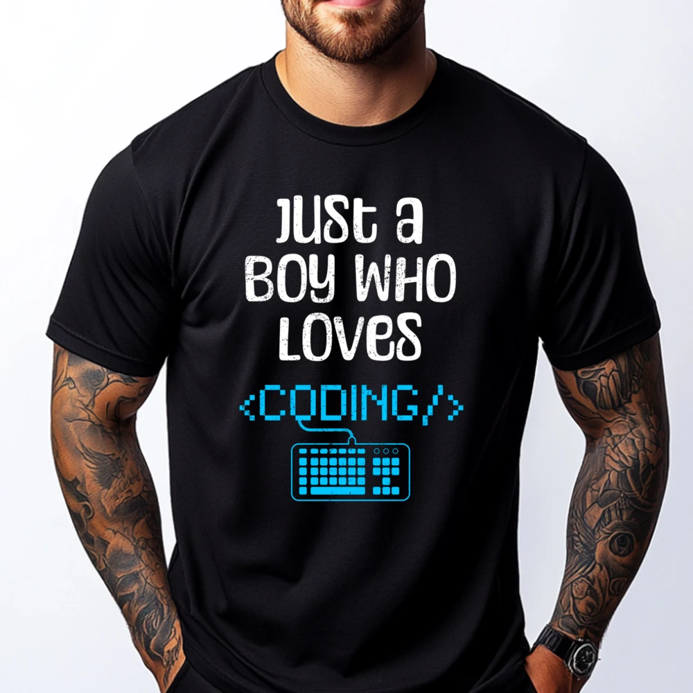 

Just A Boy Who Loves Coding Computer Red And Black Graphic T Shirt Men's Clothes Punk Style Oversize
