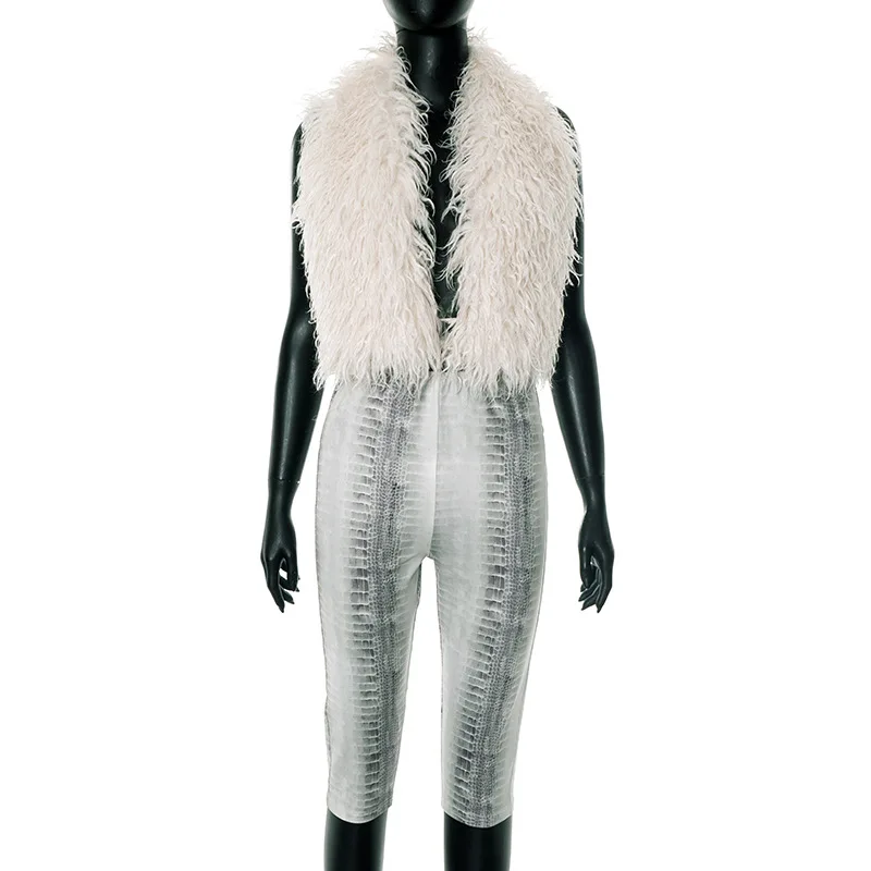 Women Luxury 2 Piece Set Lace Up Halter Backless Faux Fur Vests Crop Top + Serpentine Print Skinny Capris Pants 2025 Autumn Suit