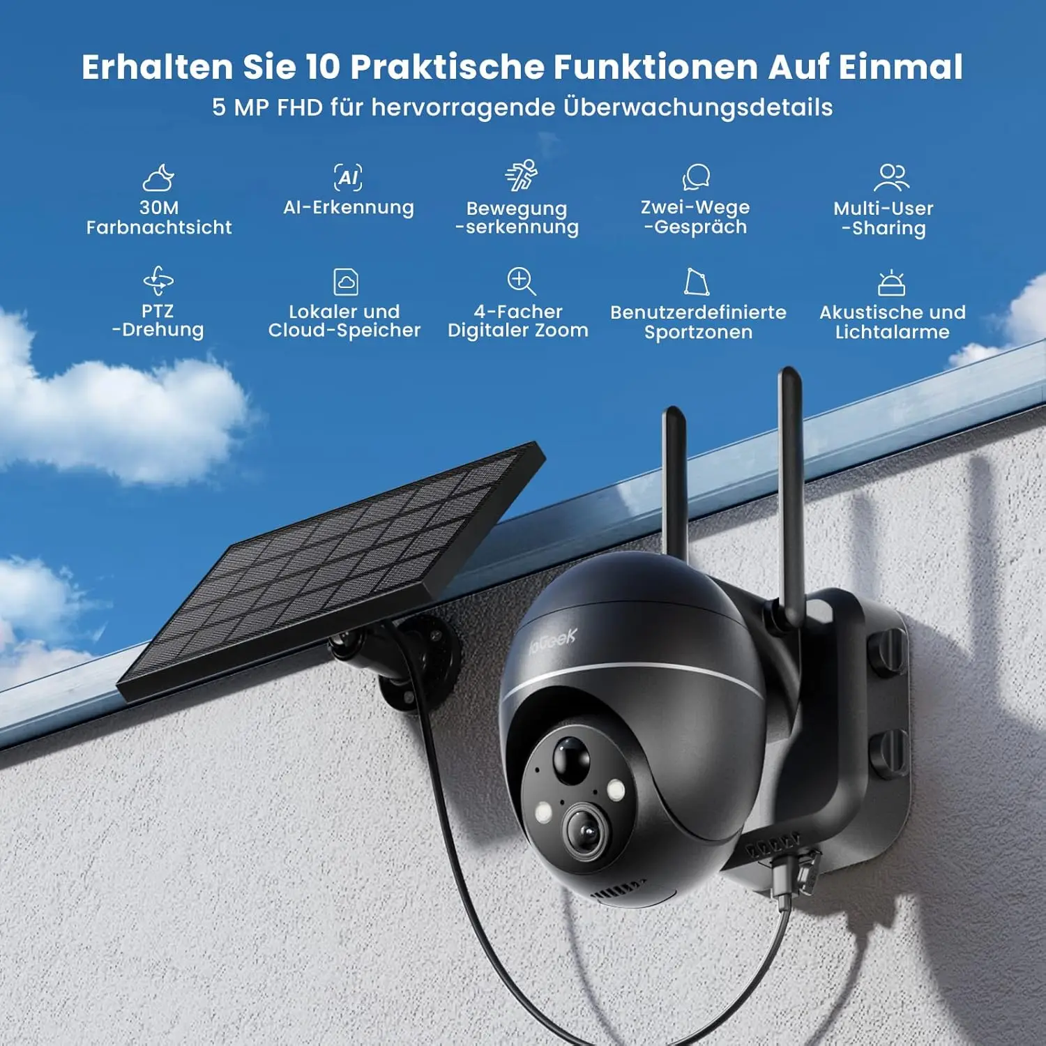 ieGeek 5MP Außenüberwachungskamera mit Akku, PTZ-Überwachungskamera für den Außenbereich, WLAN mit Solarpanel, PIR-Bewegungsmelder, 2,4 G