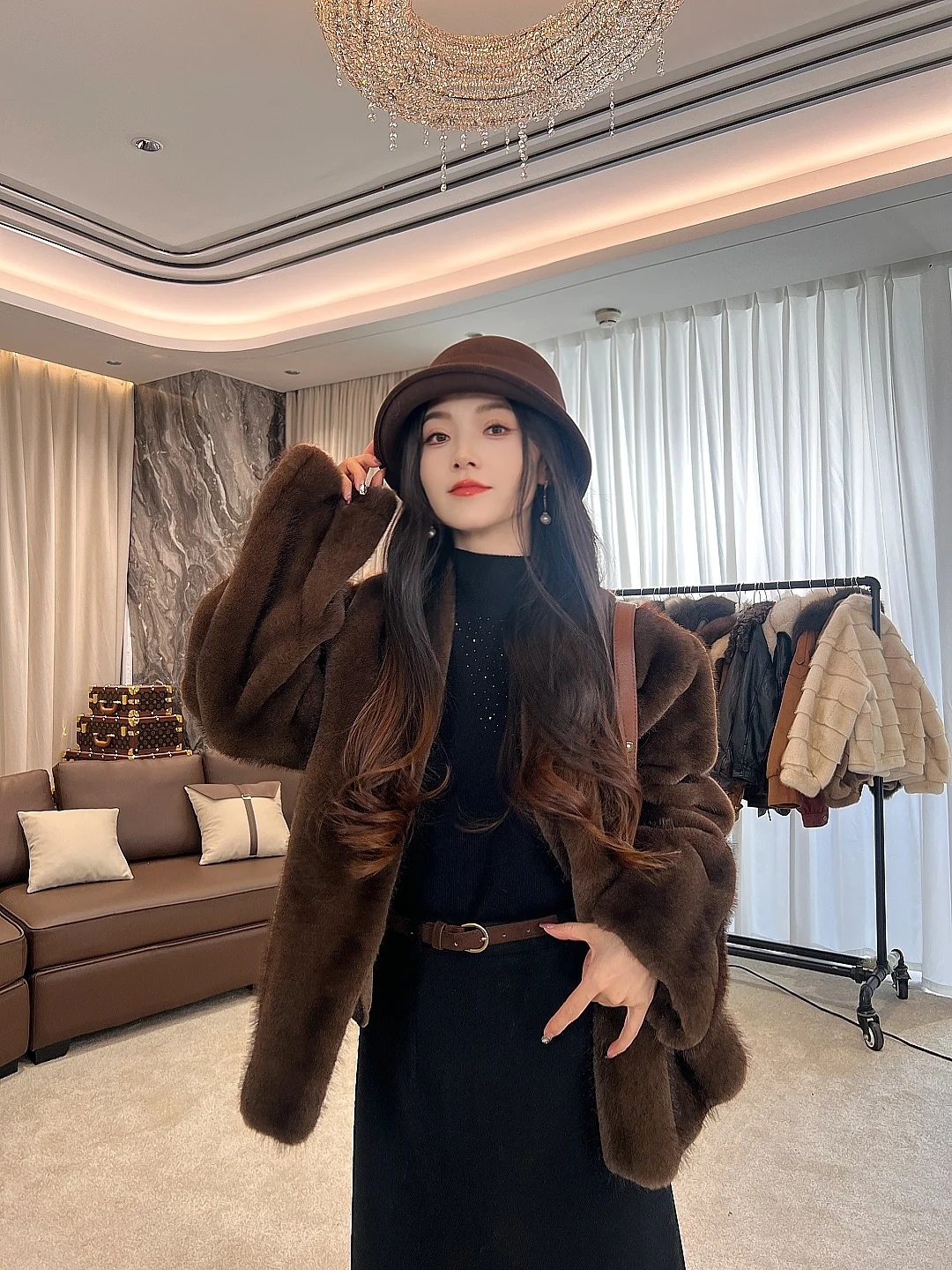 

Thiened Warm ort Outerwear Women's Winter New Sle Furry Eco-friendly Mink i Fur V-ne Casual Sle Stand Fit