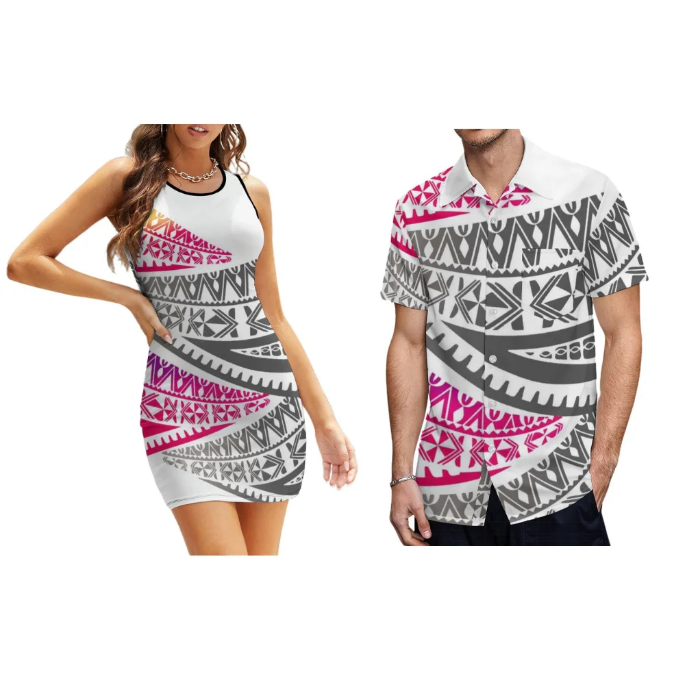 2024 New Women's Beach Dress Summer Men's Beach Shirt Casual Beach Party Couple Set Polynesian Custom Pattern