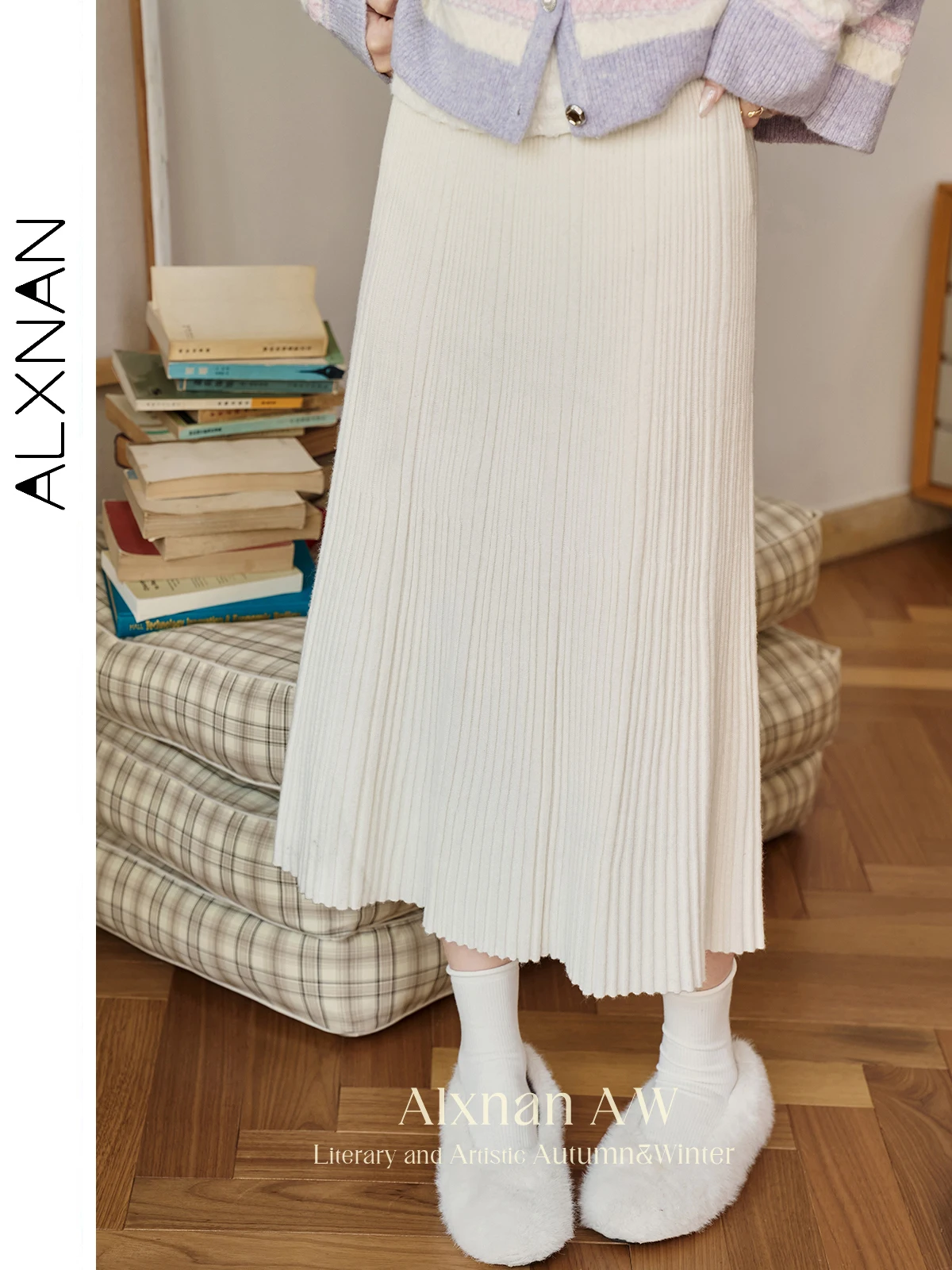 ALXNAN Women's Maillard Knitted Skirts Classic A-line High Waist Warm Midi Skirt 2024 Fall Winter All-match Loose Bottoms L51317