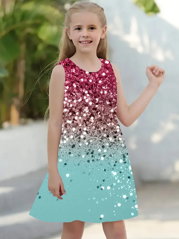 Princess Dress For Girl Summer 2024 Kids Clothes Sleeveless O-neck 3D Print Glitter Children Girls Party Dresses 2 To 8 Years