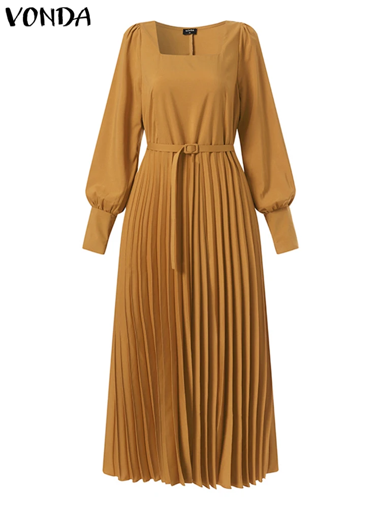 Elegant Long Lantern Sleeve Dress VONDA 2023 Fashion Women Sexy Square Collar Pleated Long Dresses Belted Solid Maxi Robe Femme