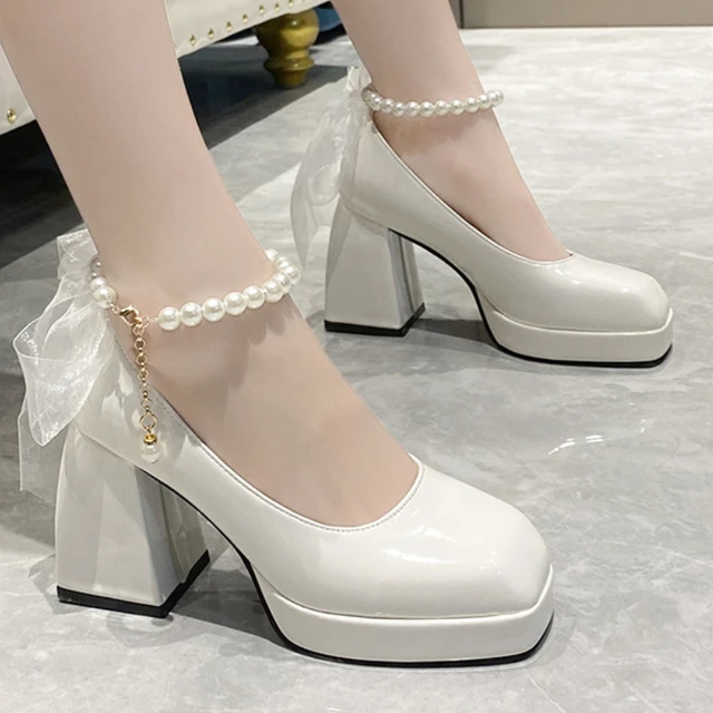 Simulation Pearls High Heels Women Spring Autumn Elegant Bow Square Head Mary Jane Shoes Large Size Pumps Zapatos Para Mujer AliExpress