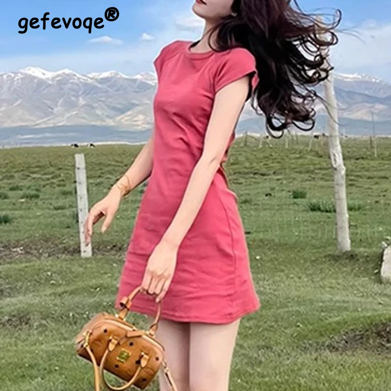 

Women Clothing 2024 Summer Fashion Simple Solid Short Sleeve T-shirt Dress Female Casual O Neck Slim Y2K Sexy Beach Mini Dresses