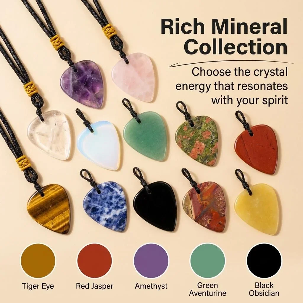 JOYAGIFT Natural Gemstone Guitar Pick Pendant Necklace Adjustable Braided Cord Plectrum Music Jewelry Gift for Guitarists