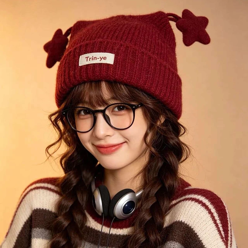 Christmas Red Star Cat-Eared Knit Hat for Women Winter Cute New Year Trendy Look with Facial Slimming and Ear-Warming Wool Cap