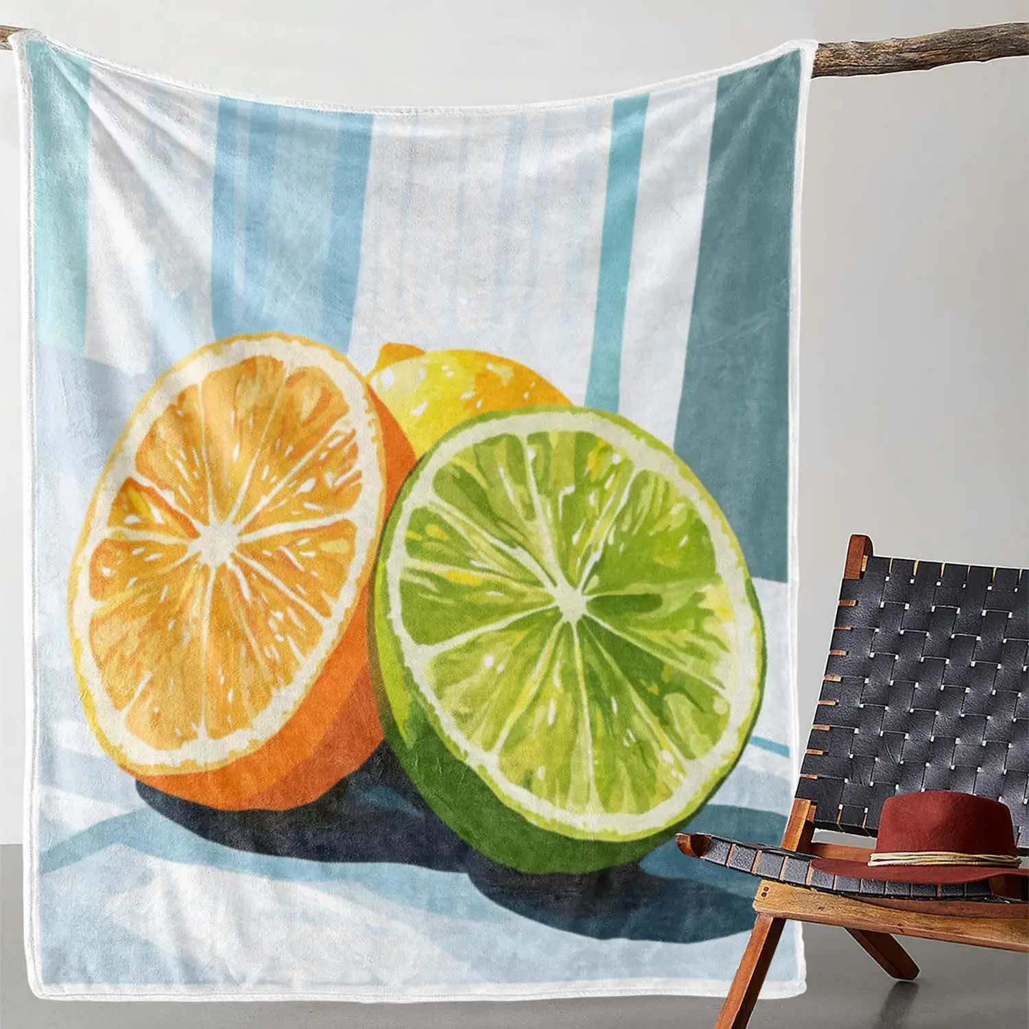 Vibrant Citrus Blanket -Soft Cozy for Kids Featuring Sliced Lemon and Lime on Striped Background Ideal for Bedroom Decor or Gift