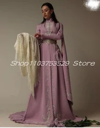 2025 Purple Pink Caucasus Caftan Wedding Dresses Cape Long Sleeve Embrodiery Belt High Neck Muslim Kaftan Bridal Gown Customed