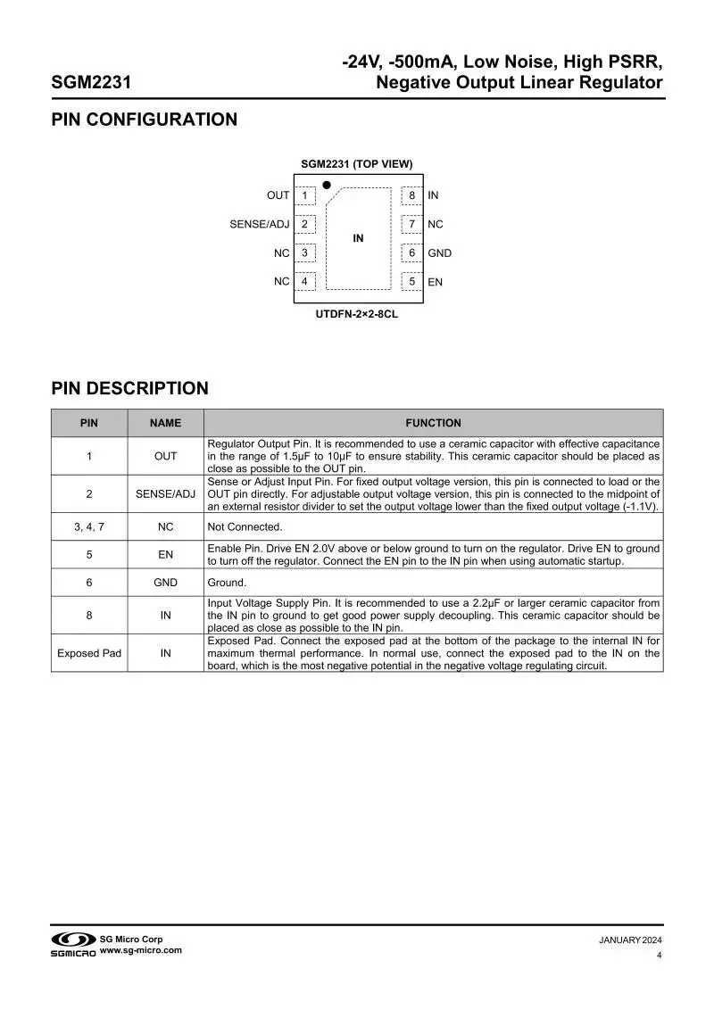 10Pcs/Lot SGM2231-1.8XUGN8G/TR UTDFN-8,Fixed output voltage 1.8V,500mA,24V,Low Noise,High PSRR,Negative Output Linear Regulator
