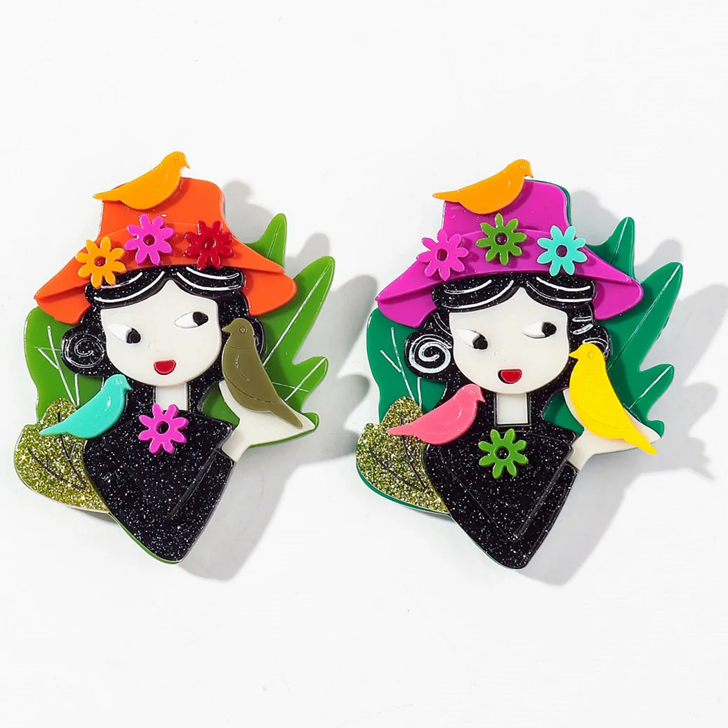 

Cute 2-Colors Hat Girl Acrylic Brooches for Women New Cartoon Leaf Flower Bird Girls Figure Badge Clothes Jewelry Accessories