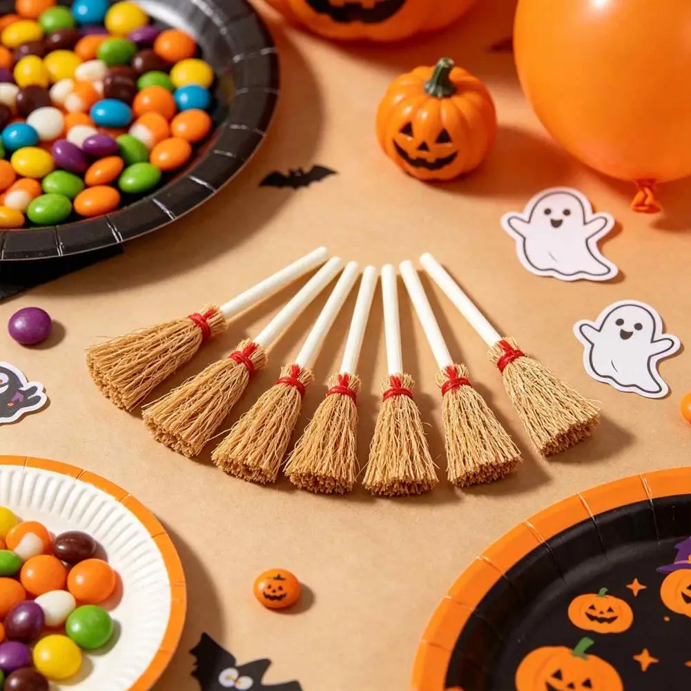 Miniature Straw Broom Small Witch Broom Prop 10 Pcs Mini Straw Brooms Set Artificial Witch Broom Decorations with for Dollhouse