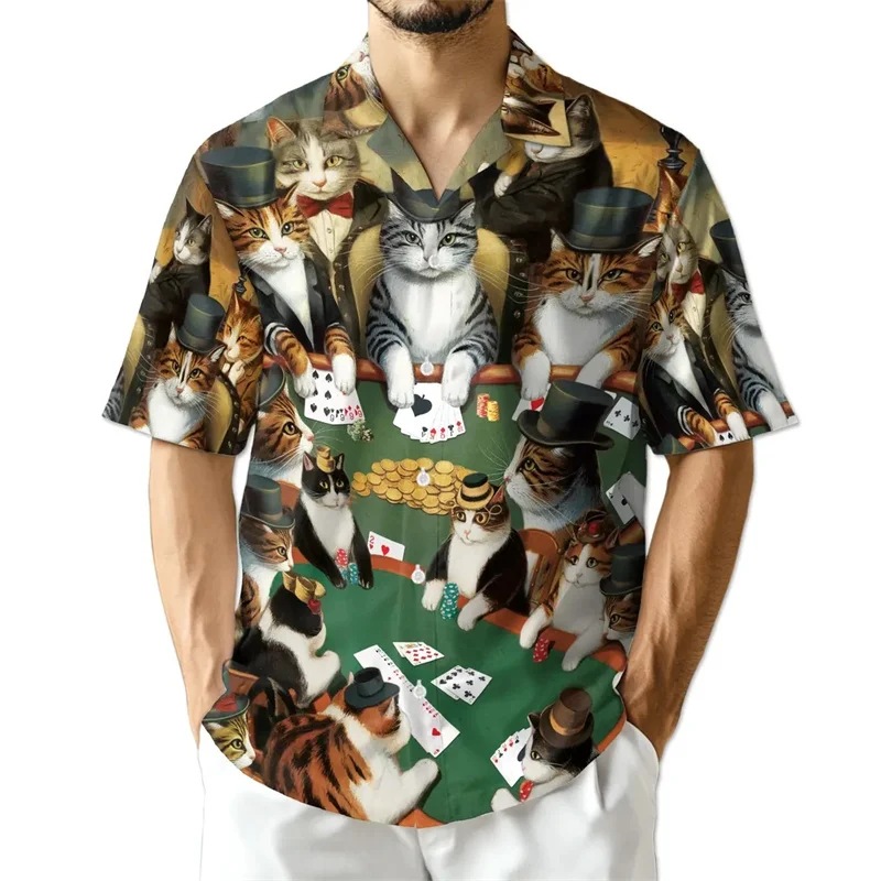 Funny Cat Print Texas Hold'em Retro Shirt For Men Personality Cool Lapel Short Sleeve Hawaii Shirts Summer Daily Casual Poker
