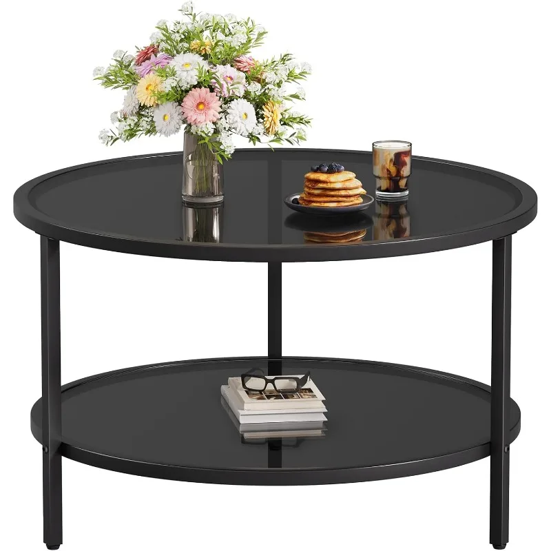 

27.6'' Round Coffee Table 2 Tier Black Glass Coffee Tables with Storage Shelf for Large or Small Space Modern Simple Sofa Table