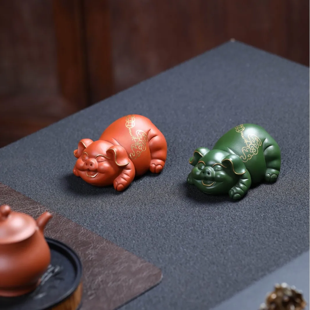 Yixing Purple Cla Ornament [Gold-Painted Fortune Pig] Full Handmade B Master Craftsman, A Wealth-Attracting Zodiac Pig Tea