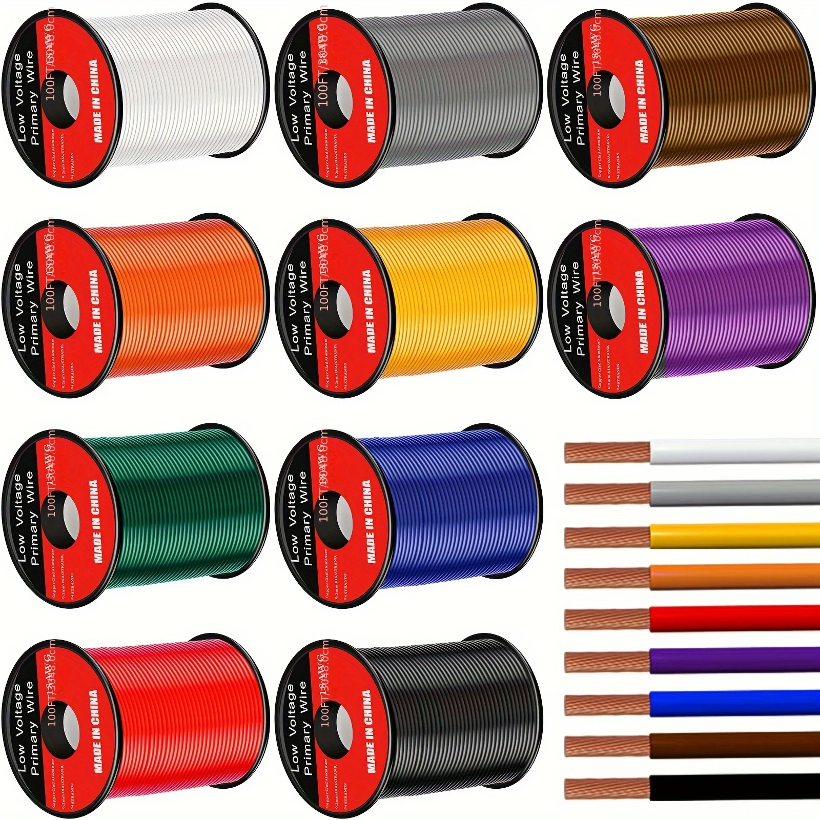 

Набор из 10 рулонов проволоки, каждый по длине 100 футов, общим длиной 1000 футов. Эти автомобильные катушки для проводов из медной проволоки с медным покрытием.