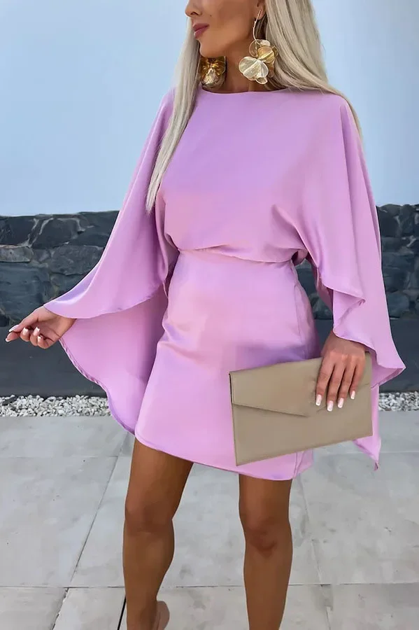 Bwq feminino elegante manga dividida cintura vestido de noite slash neck batwing seda cetim vestidos senhora sexy sem costas sólido vestido de festa