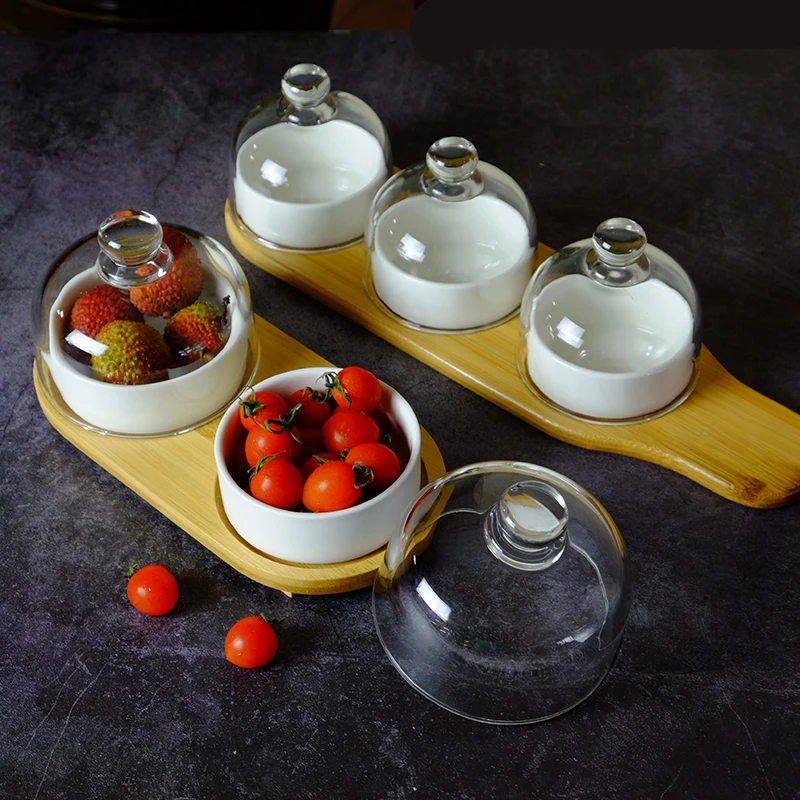 Ceramic Baking Cake Pan Glass Lid Solid Wood Tray Dessert Preservation Bowl Household Fruit Plate Set