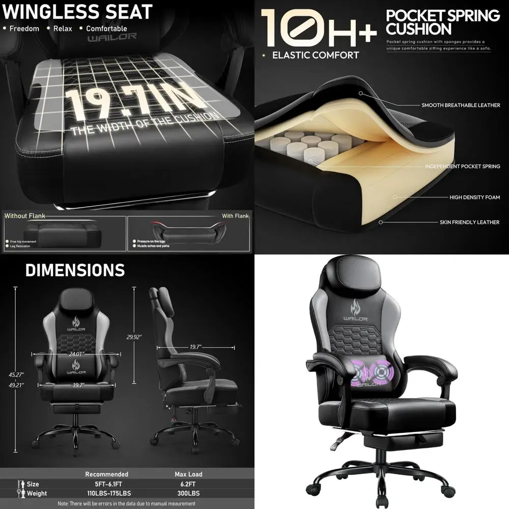 

Ergonomic High-Back Gaming Chair with Massage and Pocket Spring Cushion, Comfortable for Adults up to 300lbs, Including Footrest