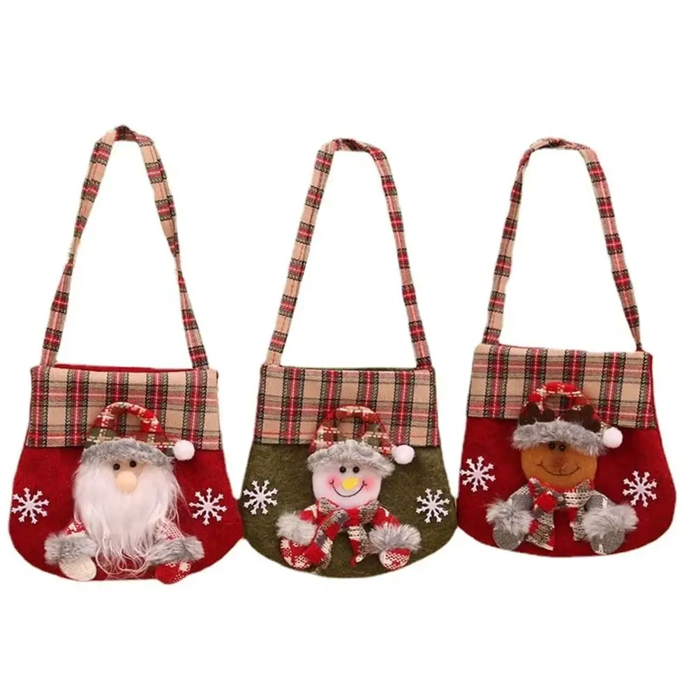 Plaid Trim Christmas Gift Bag Long Carry Handles Open Top Holiday Gift Bag Applique Decoration Christmas Tote Bag