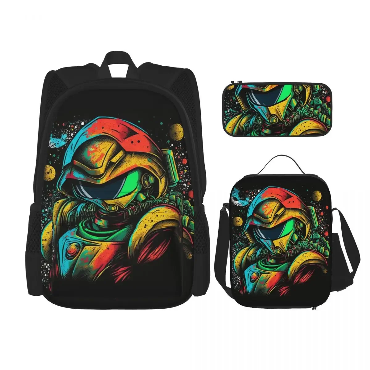 Metroid Samus Aran Metroid Graffiti Stylized Design Backpacks Bookbag School Bags Rucksack Lunch Bag Pen Bag Three-Piece Set