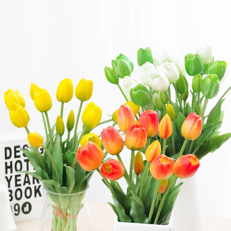 5 Stück künstliche Blumen, weiche Tulpen, künstliche Blumen, fühlt sich echt an, für Zuhause, Garten, Tisch, Hochzeitsdekoration, Simulation, 5-Kopf-Tulpenstrauß – Detail 2