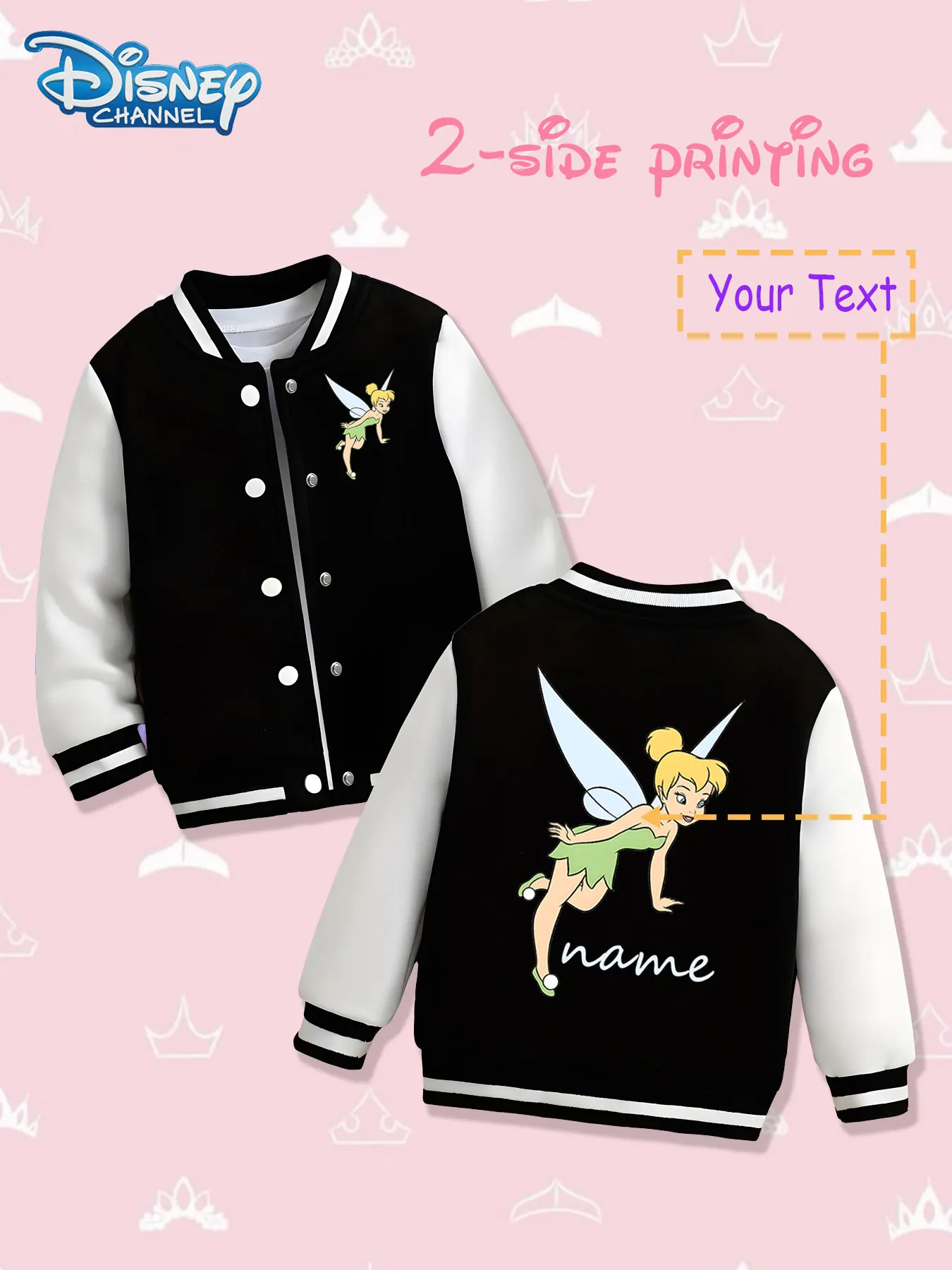

MINISO Disney Tinker Bell Kids Baseball Jacket - Tinker Bell's lively image is printed on both sides, conveying a magical fairy