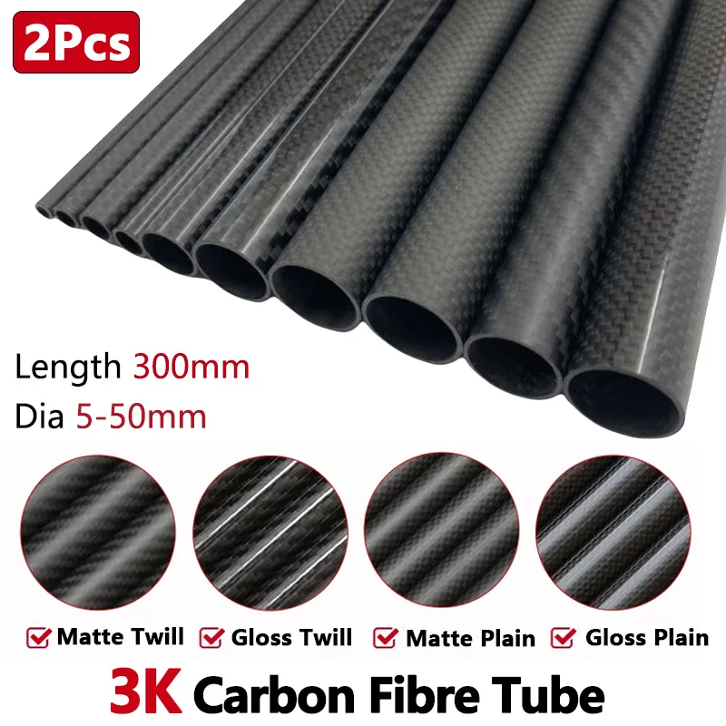 2pcs 300mm Carbon Fiber Tube Roll Wrapped High Composite 3K Plain Glossy Twill Matte OD5-50mm Pipe For Model Aircraft DIY Crafts