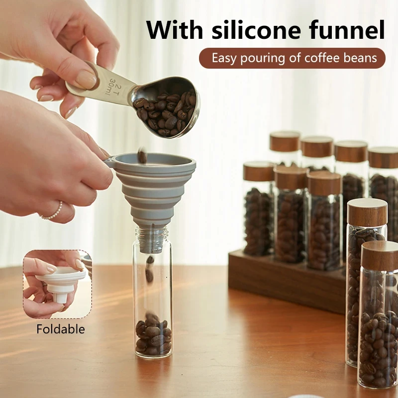 Coffee Beans Storage Container 6 Tubes 12 Tubes Glass Jars with Walnut Wood Base Air-Tight Food Grade ABS Lid Display Rack Set
