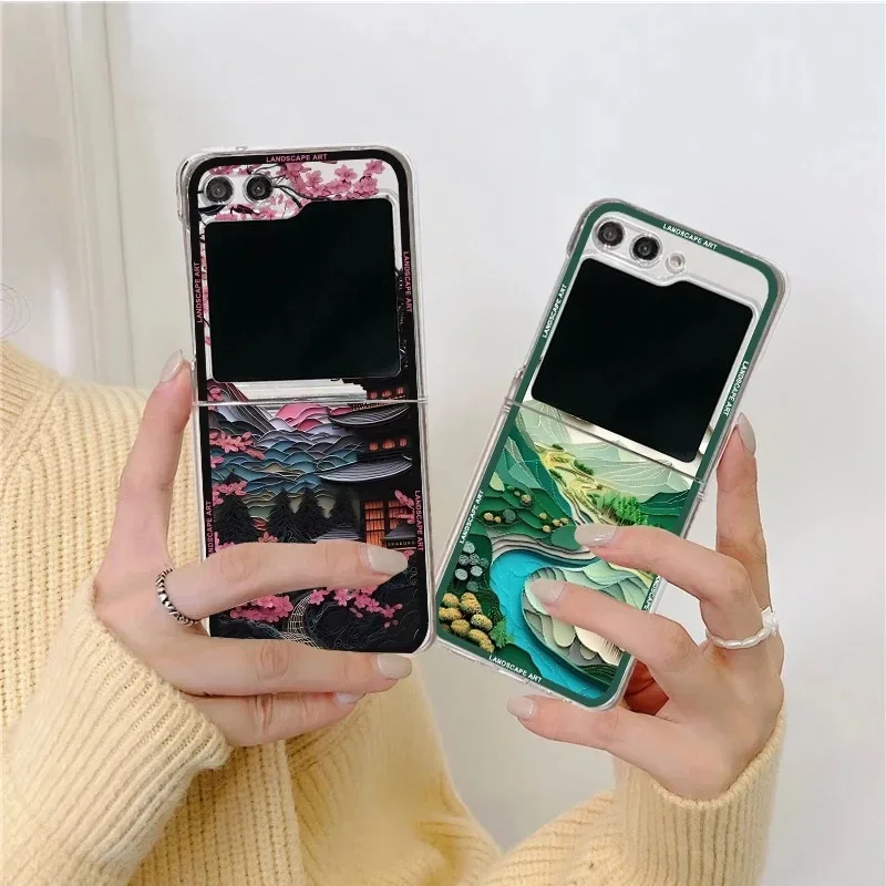 

Art Landscape Pattern Phone Case For Samsung Galaxy Z Flip 6 ZFlip 5 Hard Transparent Cover for Samsung ZFlip4 ZFlip3 Shell