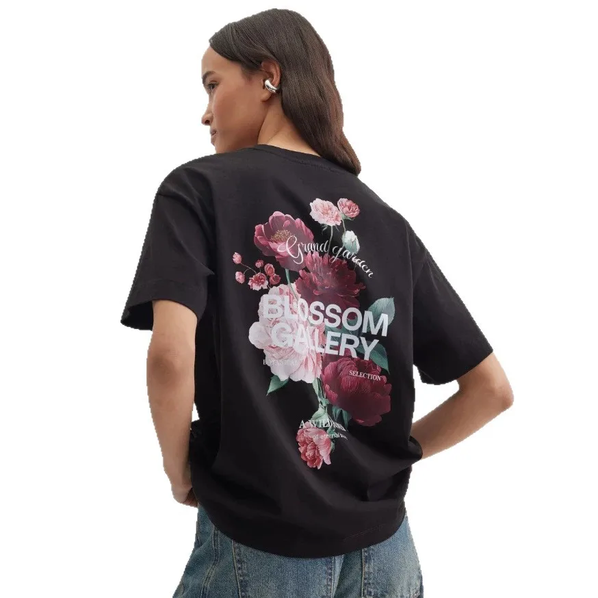 Black Soft Pure Cotton Vintage Cottagecore T-shirts Realistic Peony Floral Blossom Gallery Print Elegant Aesthetic Tops Women