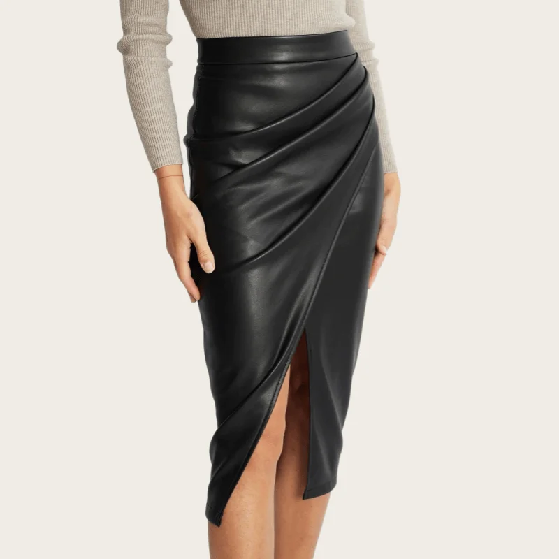 

2025 Autumn Winter Women PU Skirt High Waist Split Bodycon Skirt Solid Color Ruched Zipper Sexy Slim Pencil Skirt