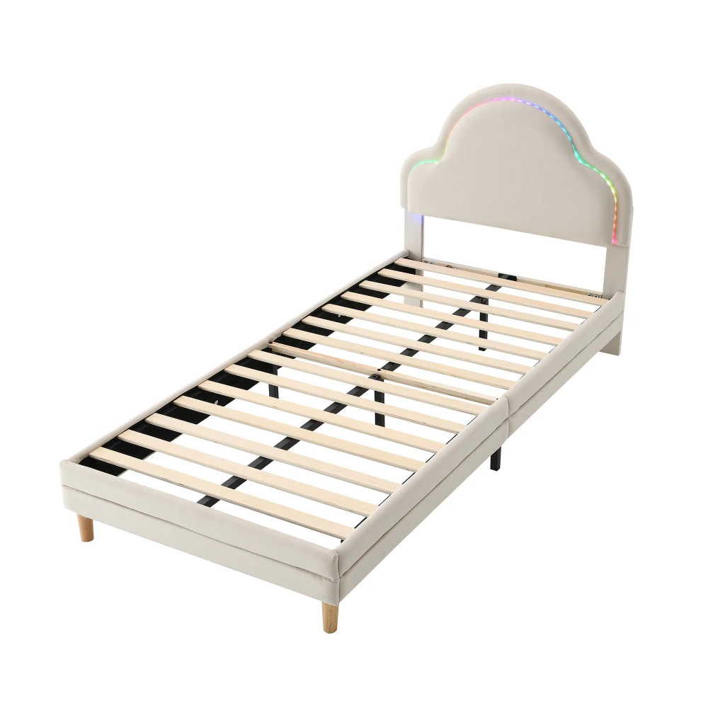 PINGGO Beige Samt Einzelbett 90x200cm Wolkenförmiges Kopfteil Farbwechsel-LED-Streifen Holzlatten Kinderbett Ohne Matratze – Detail 9