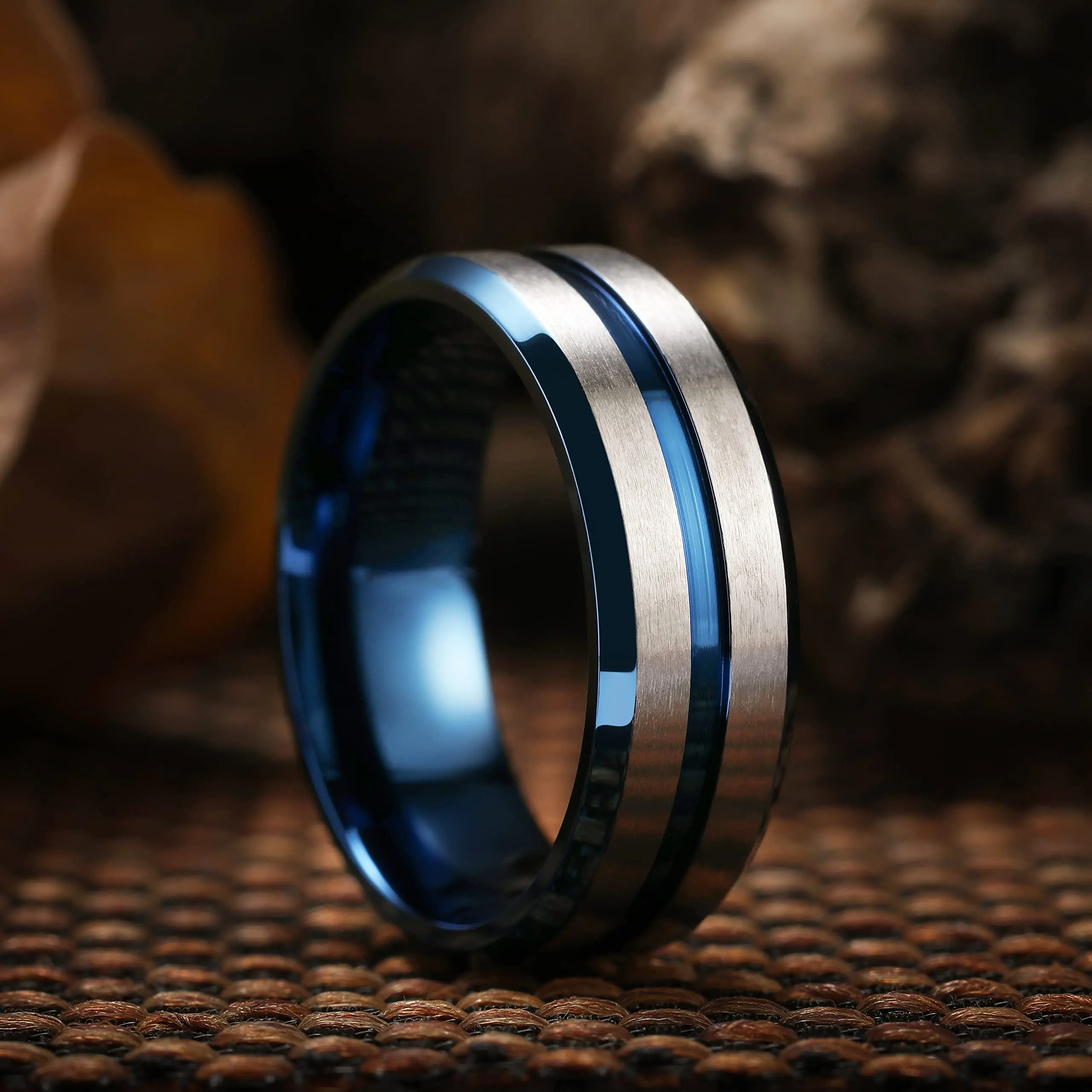 Fashion 8mm Blue Stainless Steel Rings For Men Silver Color Brushed Beveled Edge Steel Engagement Rings Men Wedding Band Jewelry