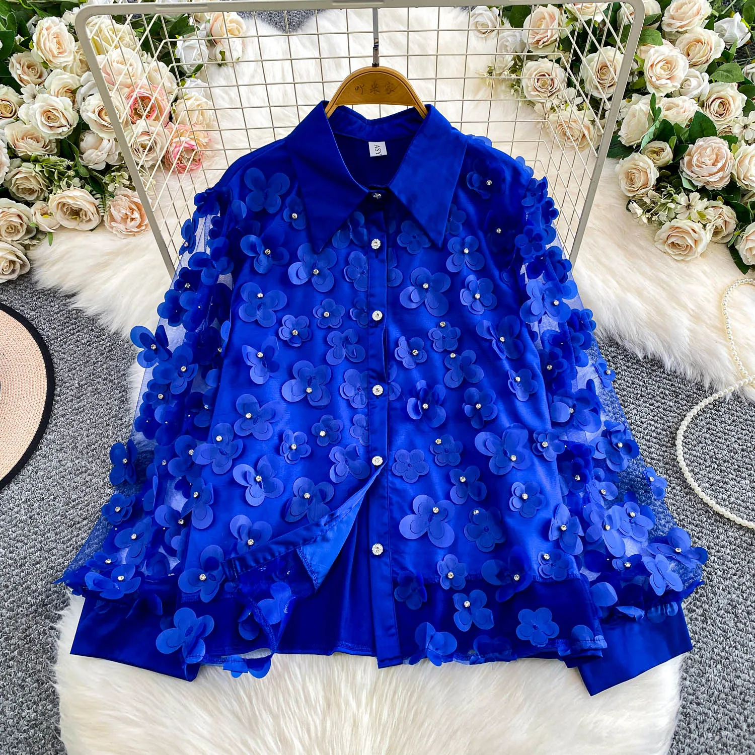 

SuperAen Three-dimensional Flower Diamond Single Breasted lapel Collar Shirt Women's Autumn New Chiffon Casual Shirts