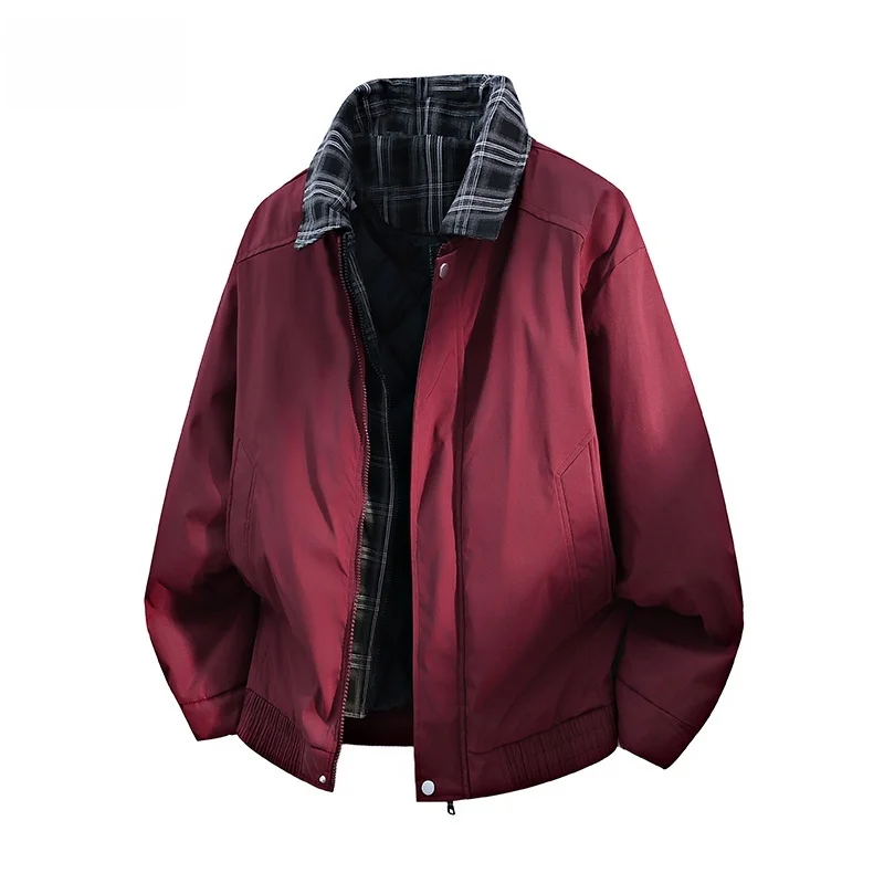 

Warm Plaid Collar Cotton Jaet Men's Autumn Winter Thiened American Sle Coat Youth Casual Long Sve Button Closure