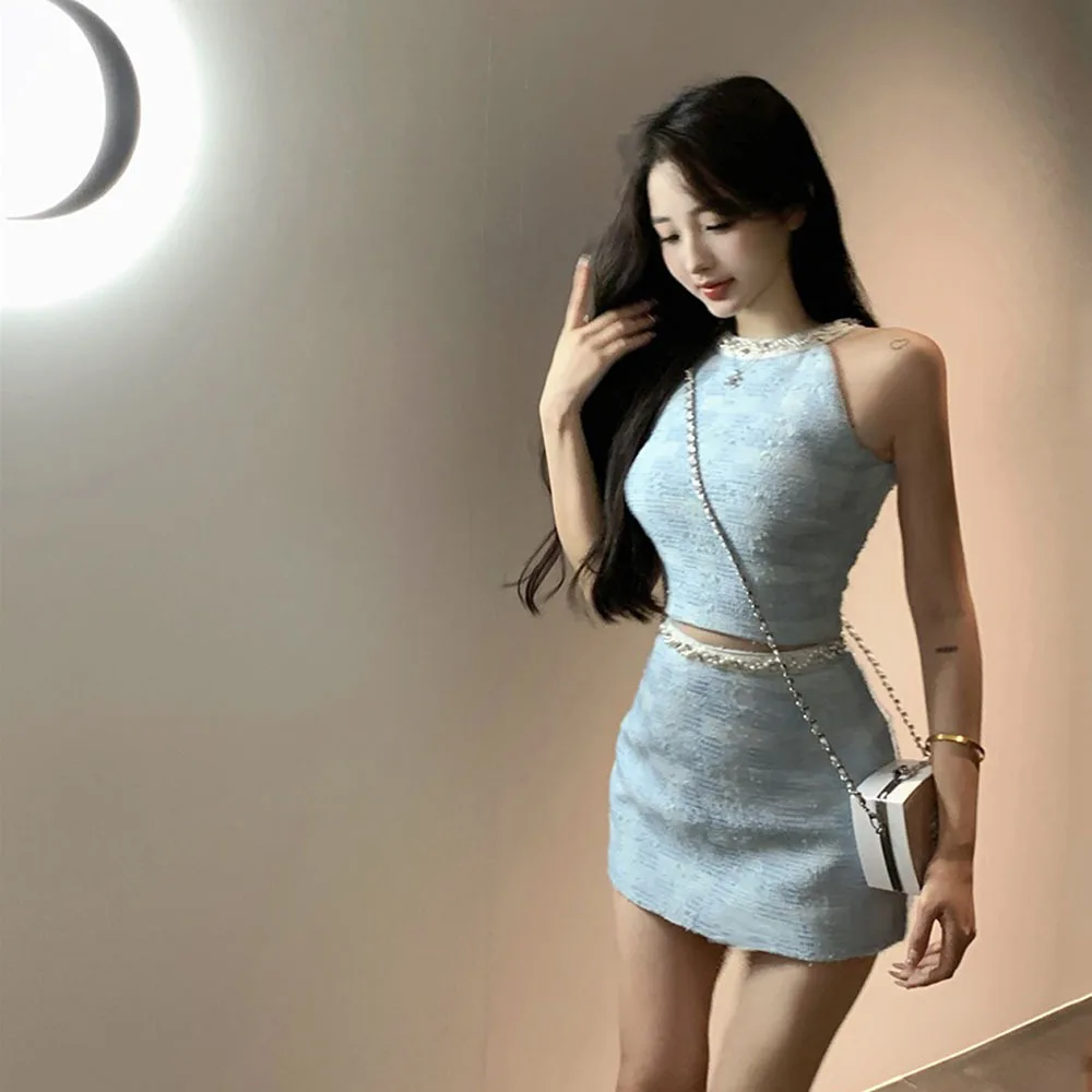 Korean Elegant Summer Korean Fashion Blue Casual Halter Vest Top Women + Sexy Slim Tweed Mini Skirt Diamond Beaded Two-piece Set