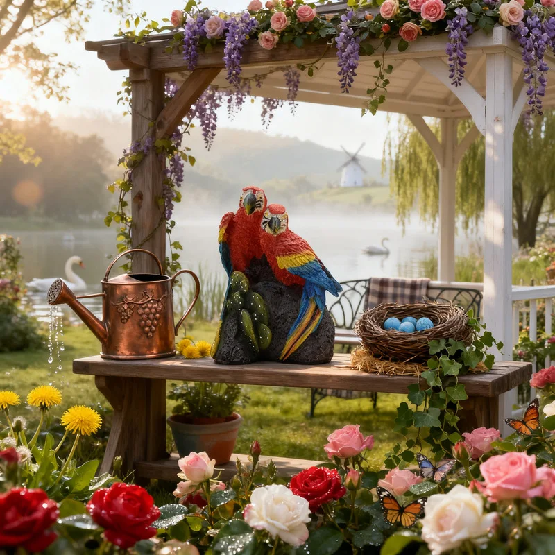 Red Parrot Resin Ornament, Creative Animal Craft Figurine, Garden Courtyard Decor, Miniature Landscape Statue, Indoor‑Outdoor Ho