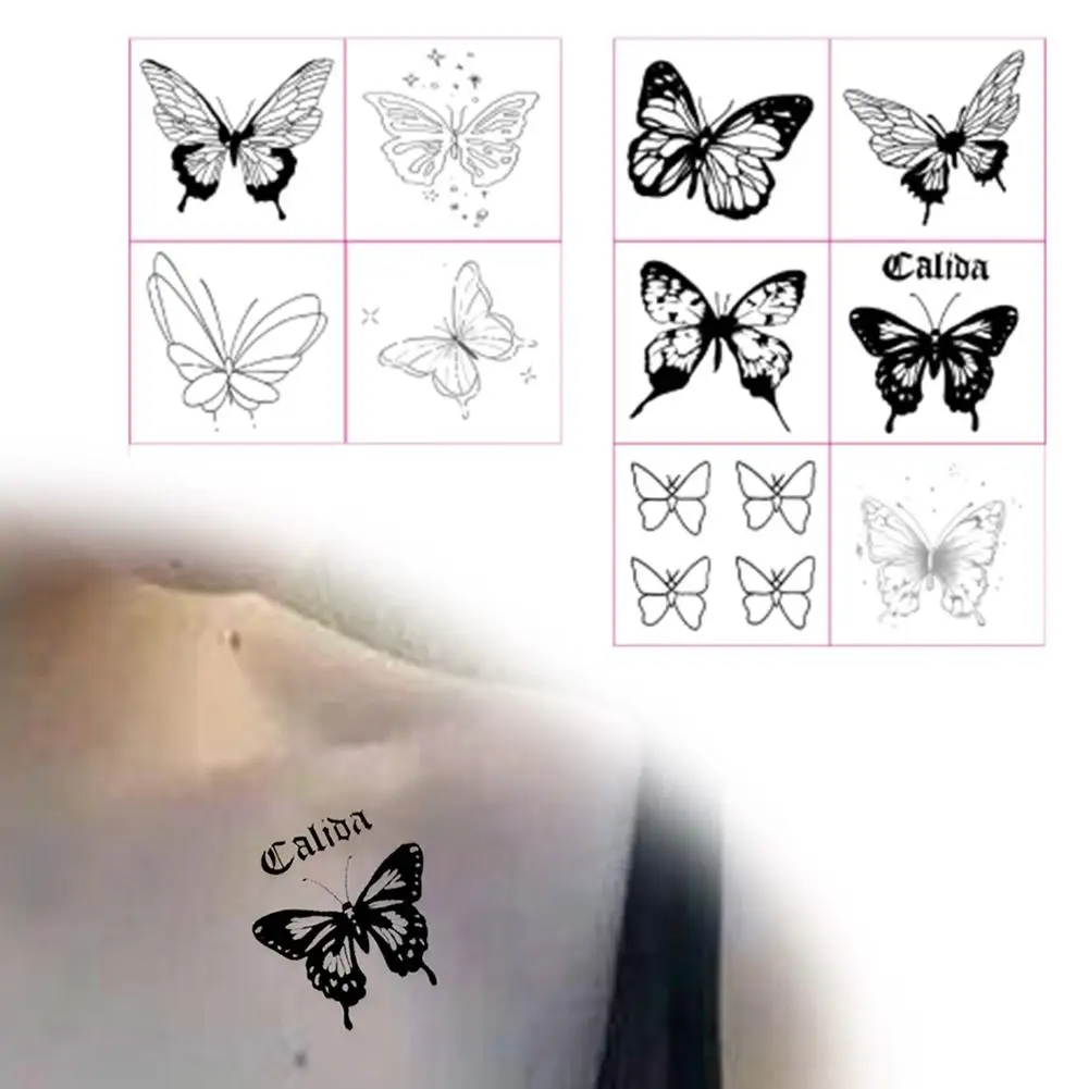 Nuevo tatuaje falso de mariposa de alta gama para mujer, tatuaje de flor negra, tatuaje temporal impermeable para Halloween, pegatina L0E5