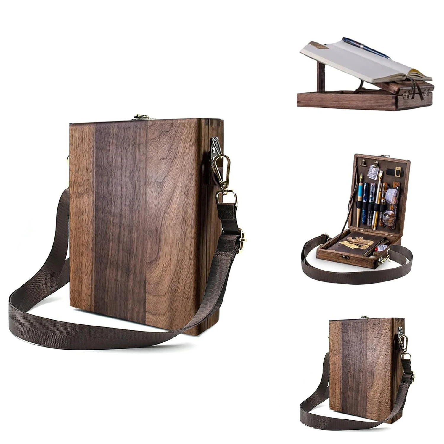 Paulownia Wood Writers Messenger Box Portable Writing Storage Case with Strap Gift for Writers Artists Sketchbox