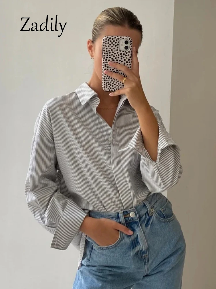 Zadily 2024 Summer Loose Long Sleeve Women Cotton Striped Basic Shirt Office Lady Button Up Clothing Minimalist Blouses