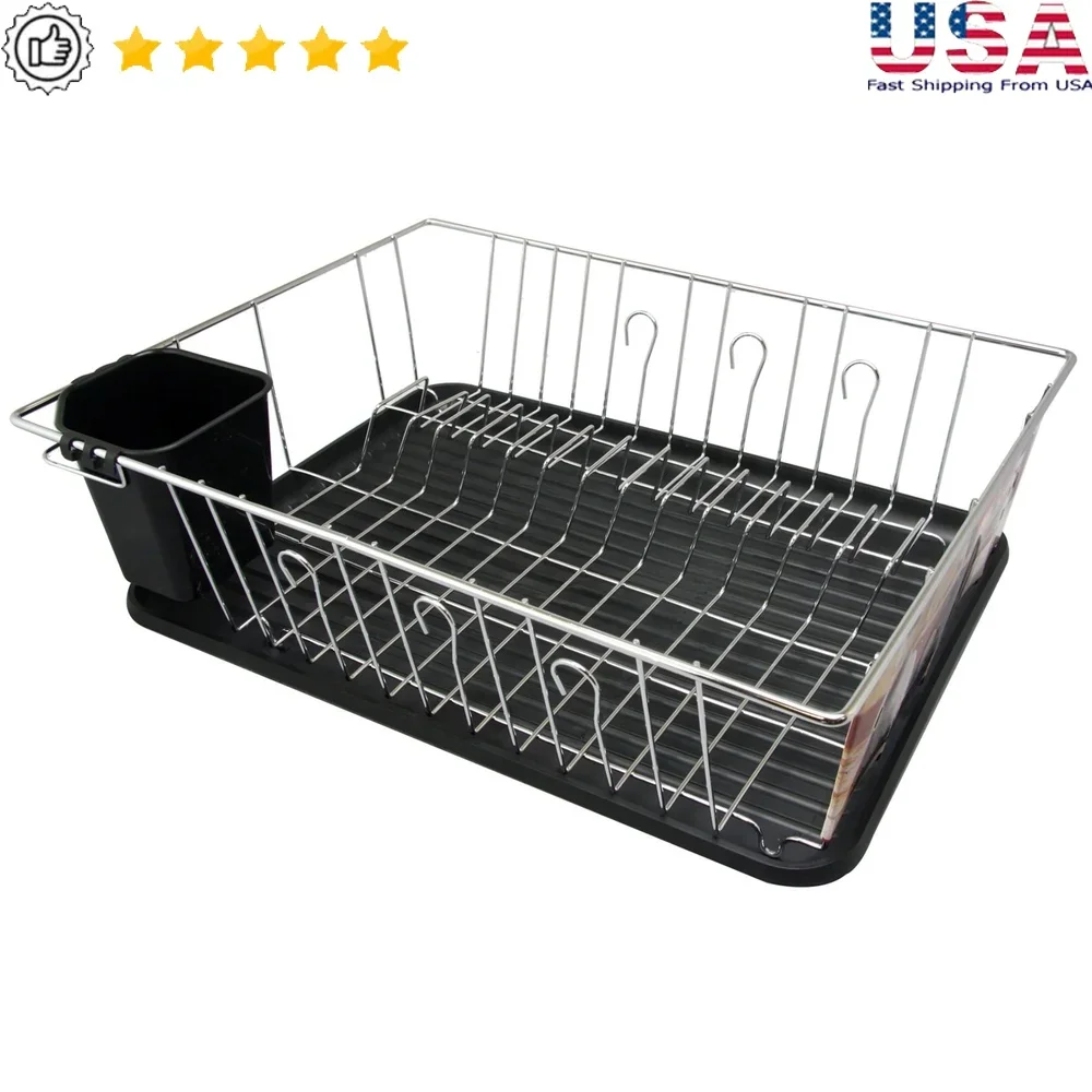 

Counter Top Drying Dish Rack 16 Inch Chrome Plated Plastic Utensil Holder Kitchen Storage Non-Marring Feet Durable Design