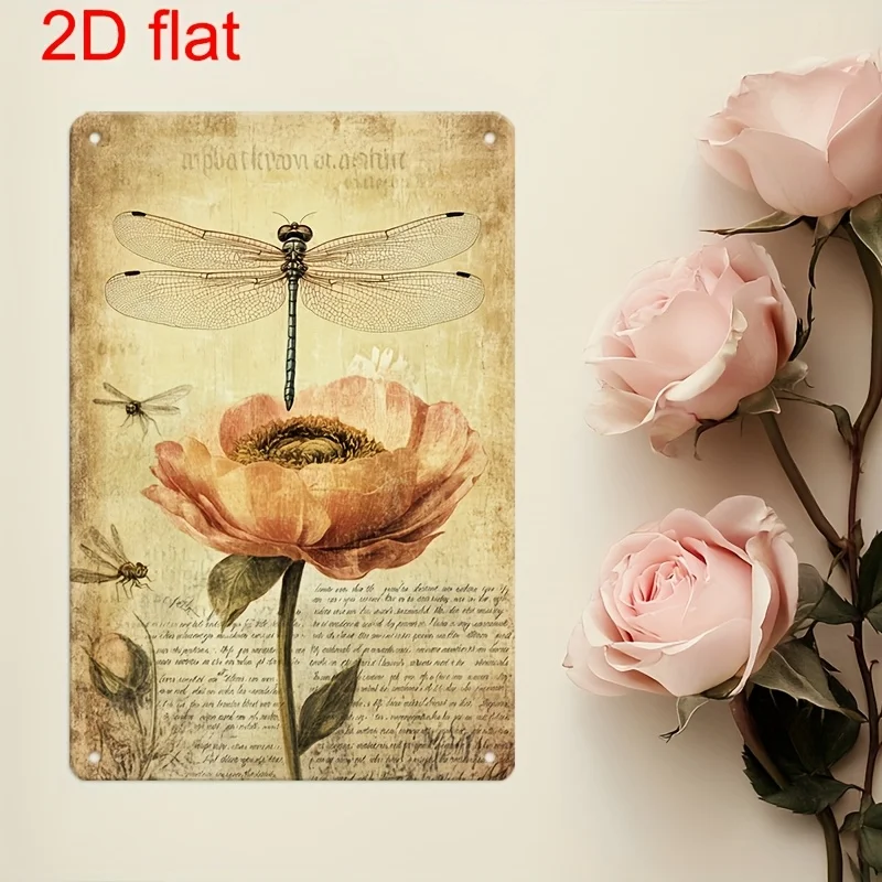 - Vintage Dragonfly,Poppy Metal Wall Art Sign -  Durable, Pre-Drilled for Easy Hanging, Rustic Decor for Home, Garden, Office,