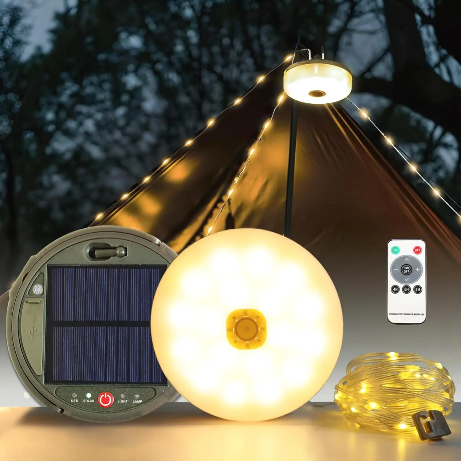 

2-Pack Solar Camping String Lights, 39.4FT Waterproof with 8 Modes, USB Rechargeable & Remote for Outdoor